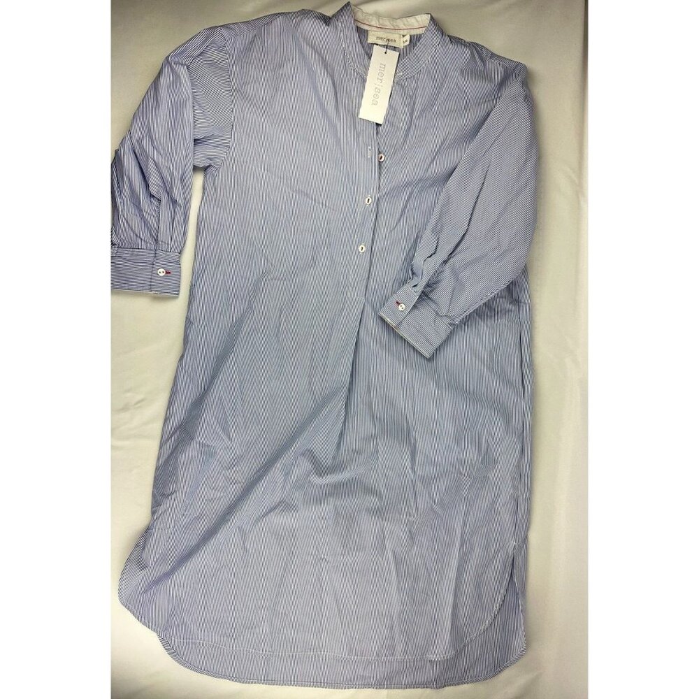 NWT Mer Sea Coastal Blue Pinstripe Essential Shirt Dress Size S/M - Picture 2 of 9